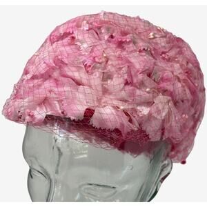 Vintage 60s Walter King Pink Floral Hat‎ Fascinator with Netting Retro Millinery